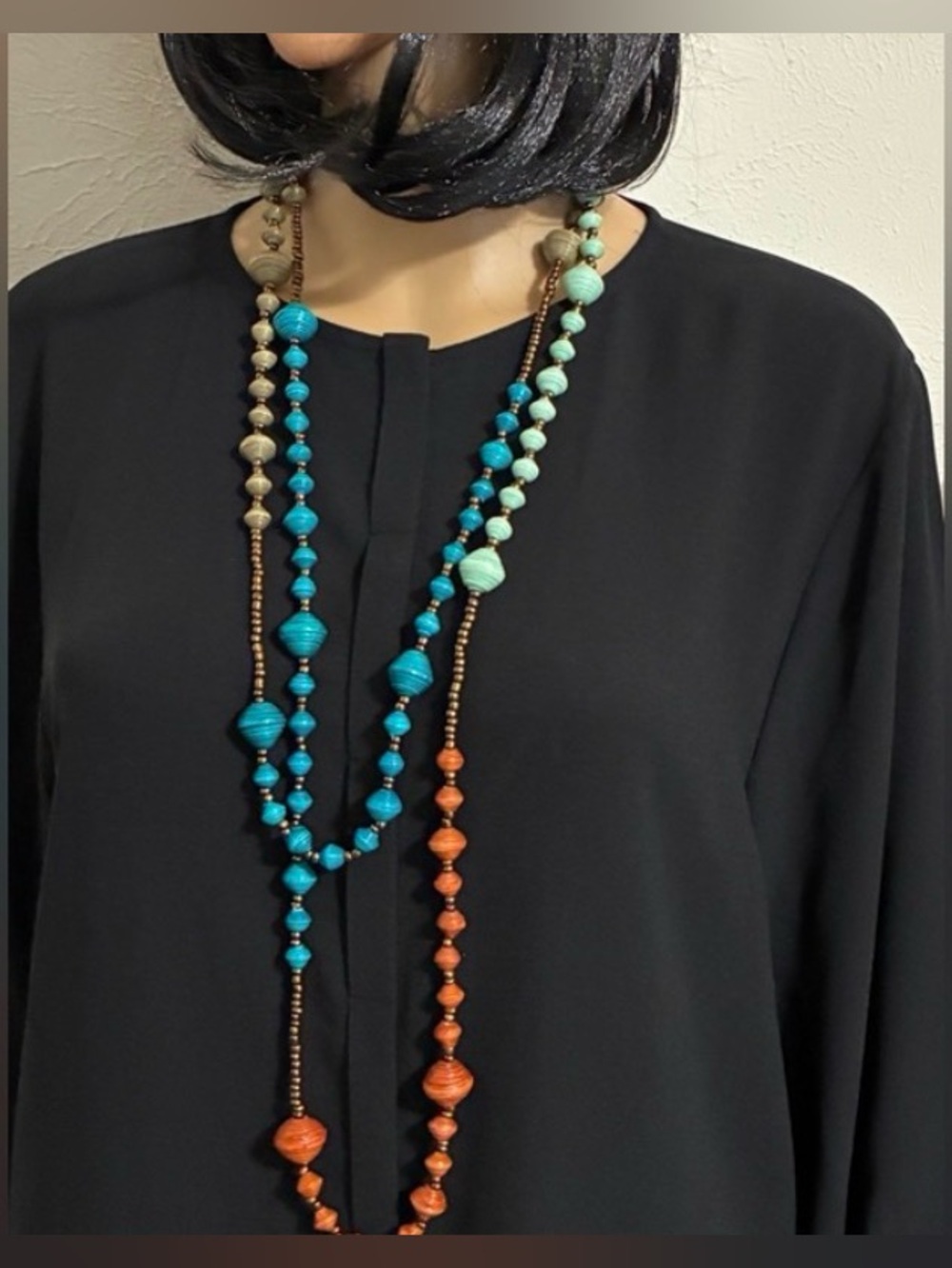 BoHo multi-wear paper bead Satoir 72” necklace can be doubled or tripled